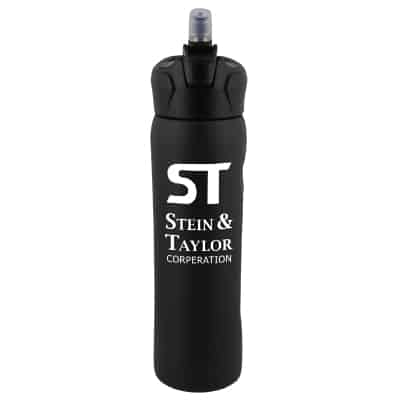 Plastic black water bottle with custom logo in 18 ounces.