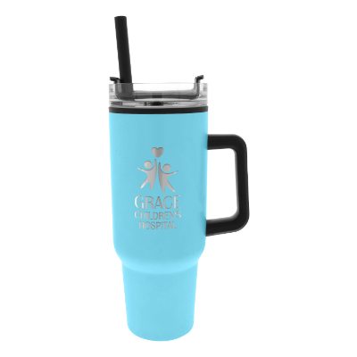 Stainless steel and plastic 40 oz. mug with custom engraved logo.