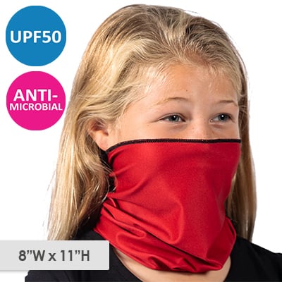 Poleyster microfiber red antimicrobial youth neck gaiter blank.