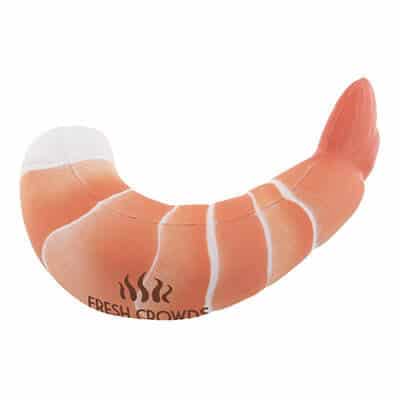 Foam shrimp stress reliever with a promotional imprint.