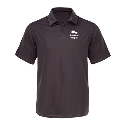 Men's charcoal polo with personalized imprint.