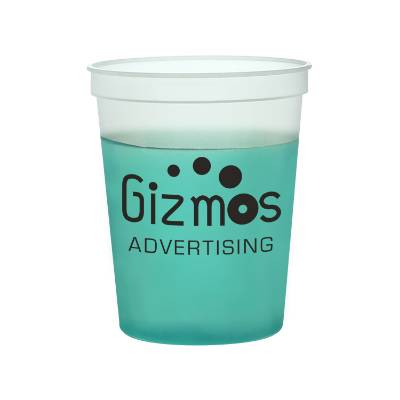 Plastic blue color changing stadium cup with custom imprint in 16 ounces.