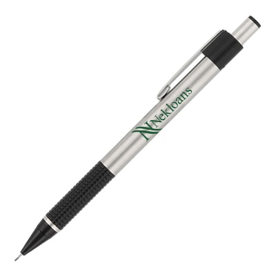 Silver with black accented mechanical pencil with logo.