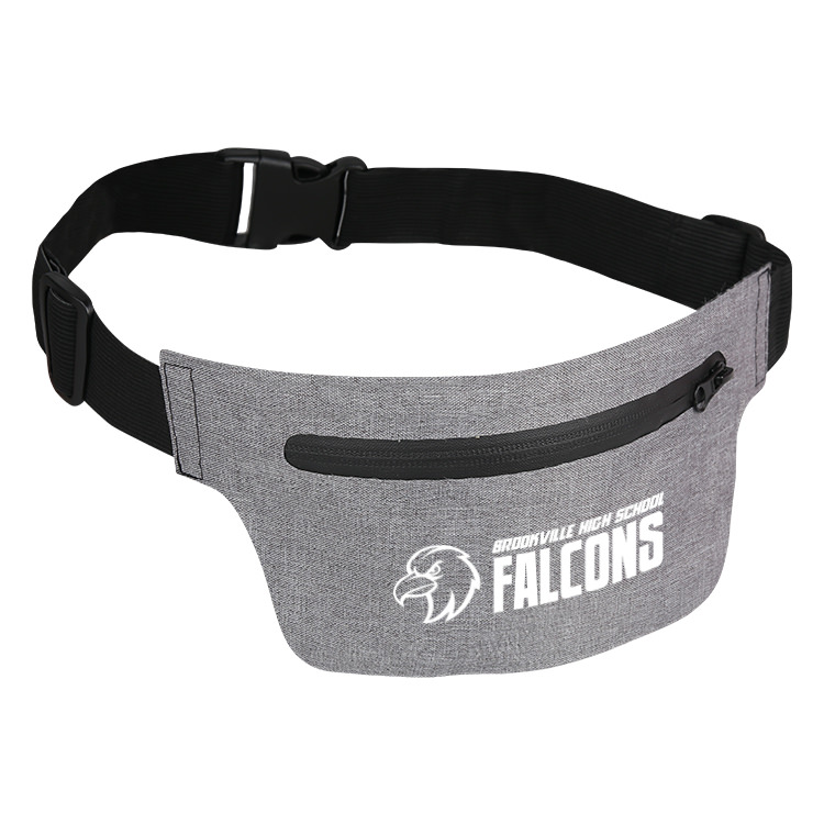 Gray heathered customizable water resistant polyester fanny pack.