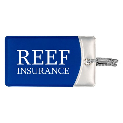 Blue luggage tag with silver accents and imprint.