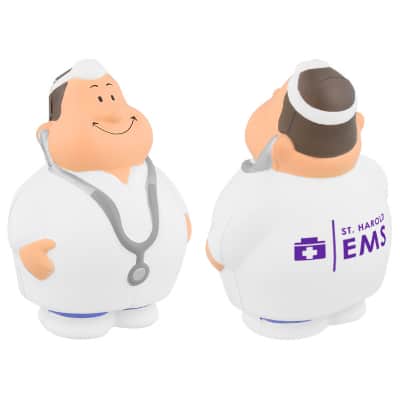 Foam doctor pete stress ball with printed logo.
