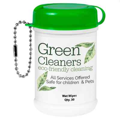 Plastic green mini wet wipe canister with a custom imprint.