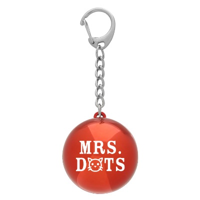Plastic metallic red lip balm keychain with a personalized logo.