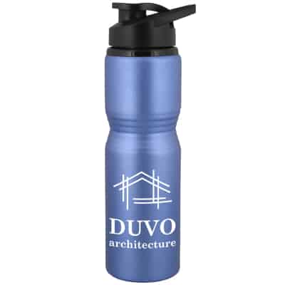 Aluminum blue water bottle with custom imprint in 28 ounces.