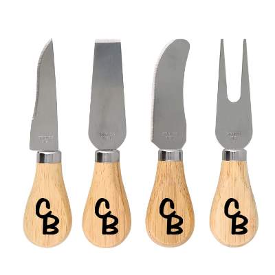 Stainless steel and natural beech wood cheese knife set with printed logo.
