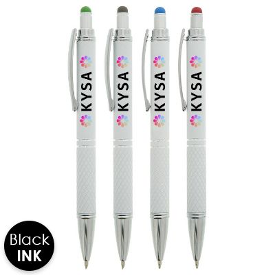 White pen with colored stylus and personalized logo.