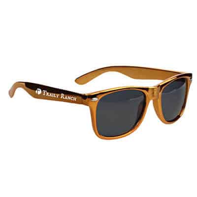 Polycarbonate metallic gold tahiti sunglasses with promotional imprint.