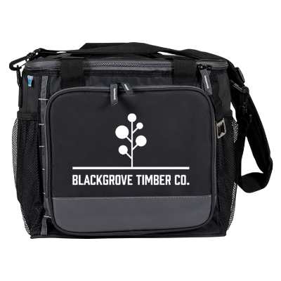 Black cooler bag with custom logo.