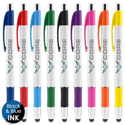 Branded full-color plastic pen with rubber grip.