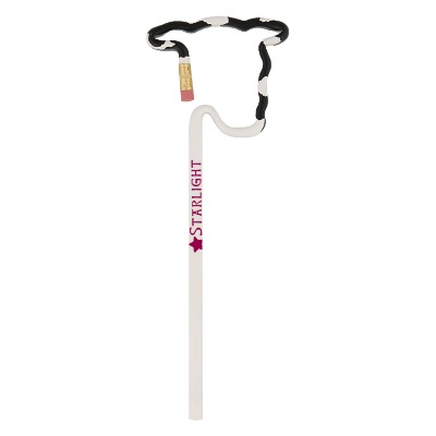Cow shaped pencil with a cow print pattern and custom logo.