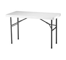 4 foot adjustable demo height, white-plastic folding table.