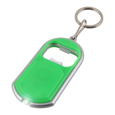 Plastic lime green keychain light with metal bottle opener blank.