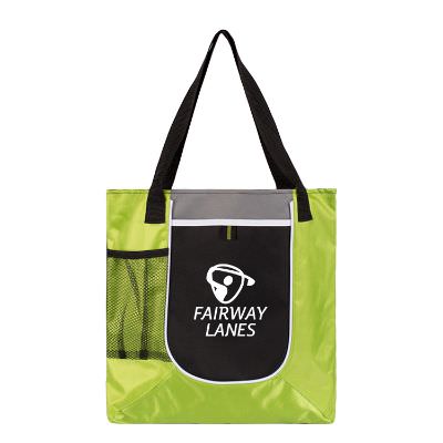 Polyester and jacquard red collateral tote with customized logo.