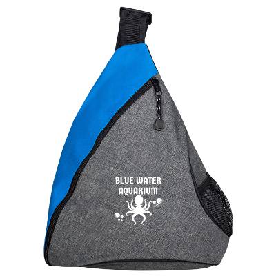 Blue two-tone slingpack with custom logo.