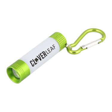 Plastic lime green flashlight with a one-color imprint.