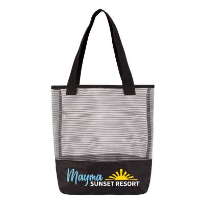 Polyester and mesh charcoal pinstripe mesh tote with full color imprint.
