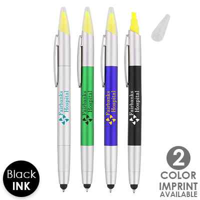 Plastic jenn pen with highlighter and stylus