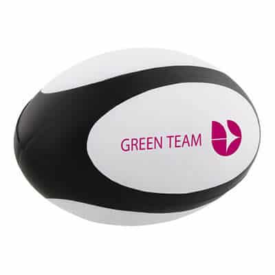 Foam rugby ball stress ball with a promotional logo.