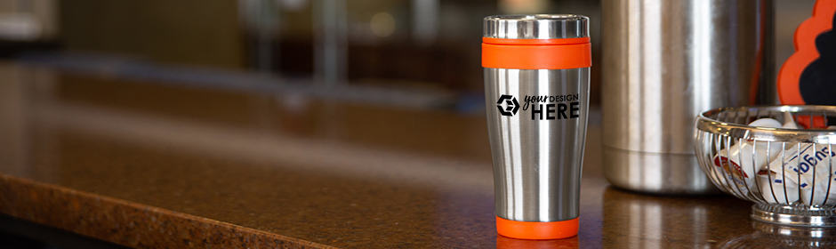 Orange promotional stainless steel tumblers with black imprint