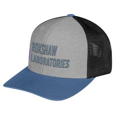 Blue, silver, and black custom embroidered trucker hat.