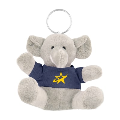 Plush and cotton elephant key chain with navy shirt with custom imprint.