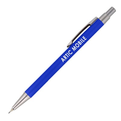 Blue mechanical pencil with silver accents and custom imprint.