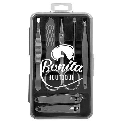 Black plastic manicure set with a personalized logo.