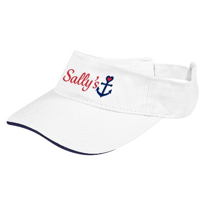 Personalized full color design on white with navy blue visor.