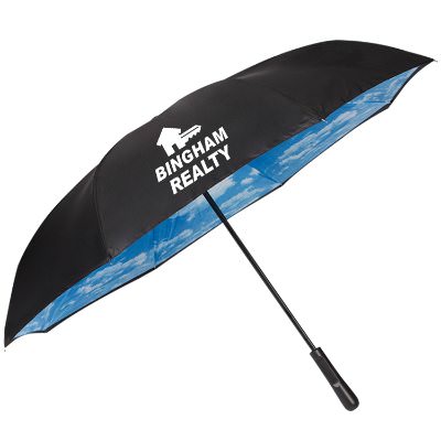 Personalized logo on 48 inch black umbrella with inversion sky image.