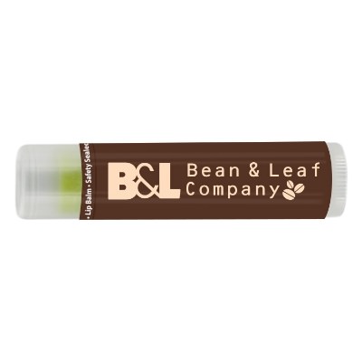 Clear plastic lip balm with a branded imprint.