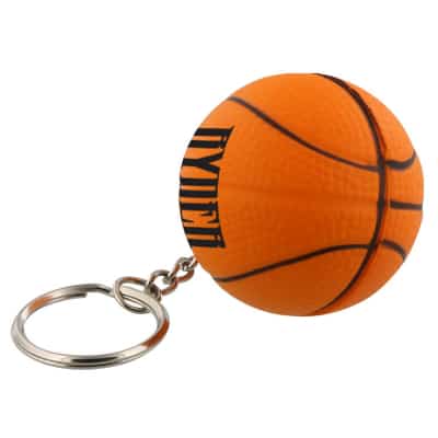 Foam basketball stress ball key ring with a printed logo.