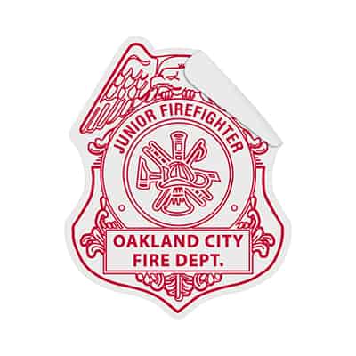 2-1/2 x 3-1/8 inch firefighter bade roll sticker with custom imprint.