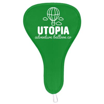 Green polyester hand fan with a custom imprint.