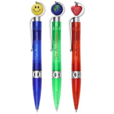 Plastic with smiley face fun rotating top pen.