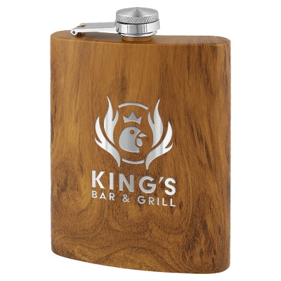 Wood tone flask with custom engraved imprint in 8 ounces.