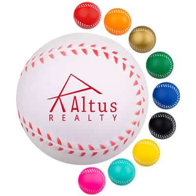 Foam white 2.5 inch baseball stress ball with a custom imprinted logo.
