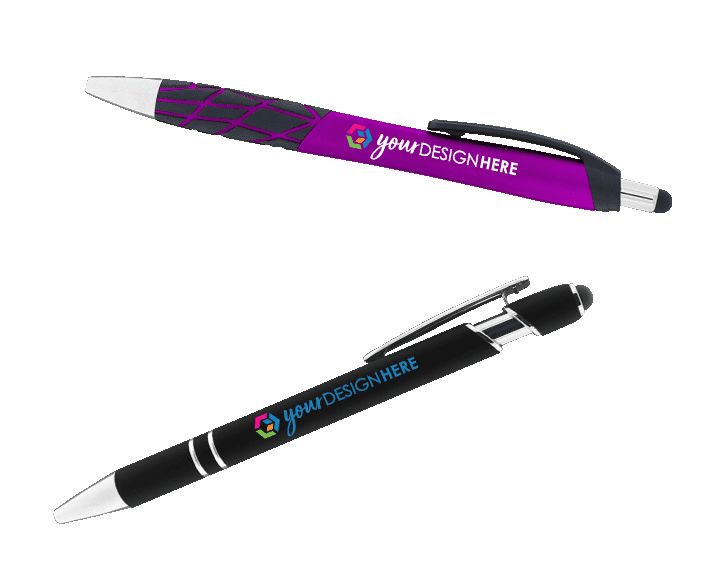 Black pen with full-color logo and purple pen with full-color logo