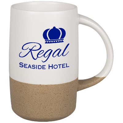 Ceramic white coffee mug with c-handle and custom imprint in 17 ounces.