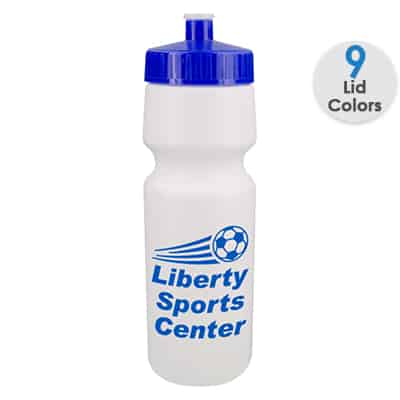 Plastic white water bottle with custom logo and push pull lid in 24 ounces.