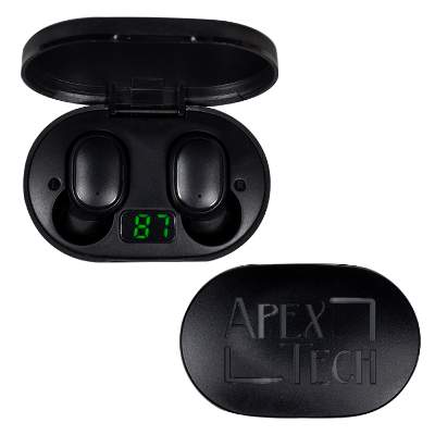 Black plastic earbuds with an engraved logo.