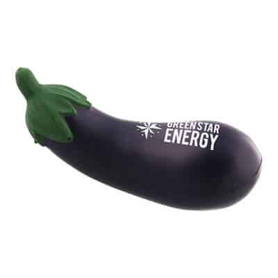 Foam eggplant stress reliever with custom print.