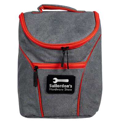 Red backpack cooler with custom logo.