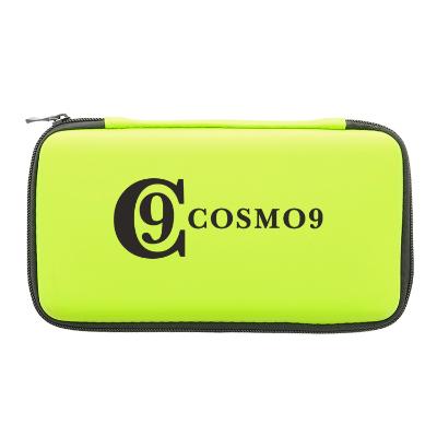 Synthetic lime green electronics storage case with printed logo.