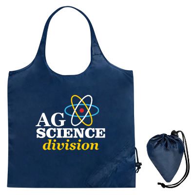 Polyester navy blue turn and fold tote with customized full color imprint.