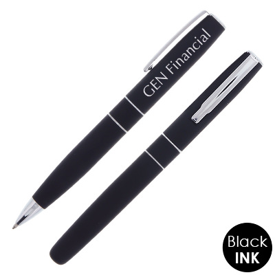 Black with silver accents writing set with custom logo.